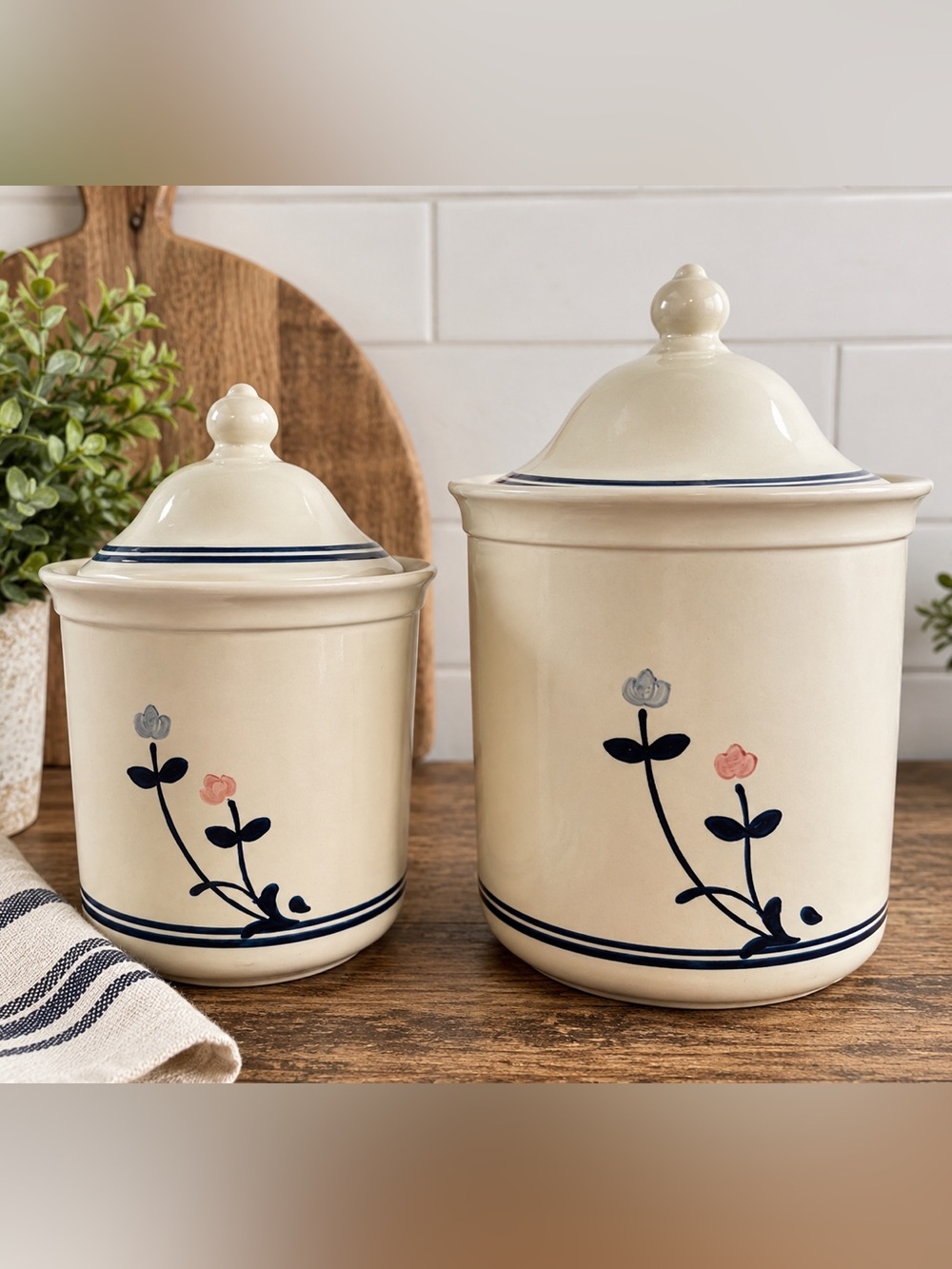 Pfaltzgraff Floral Stoneware Canister Set of 2 Lidded Kitchen Crocks